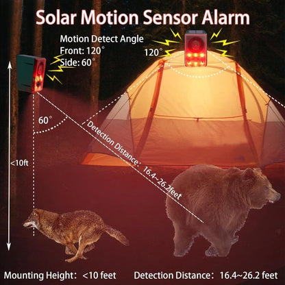 Solar Motion Alarm Lamp 130dB Dog Bark Gunshot Waterproof LED Strobe Light Remote for Garden Farm Chicken Coop Support Recording