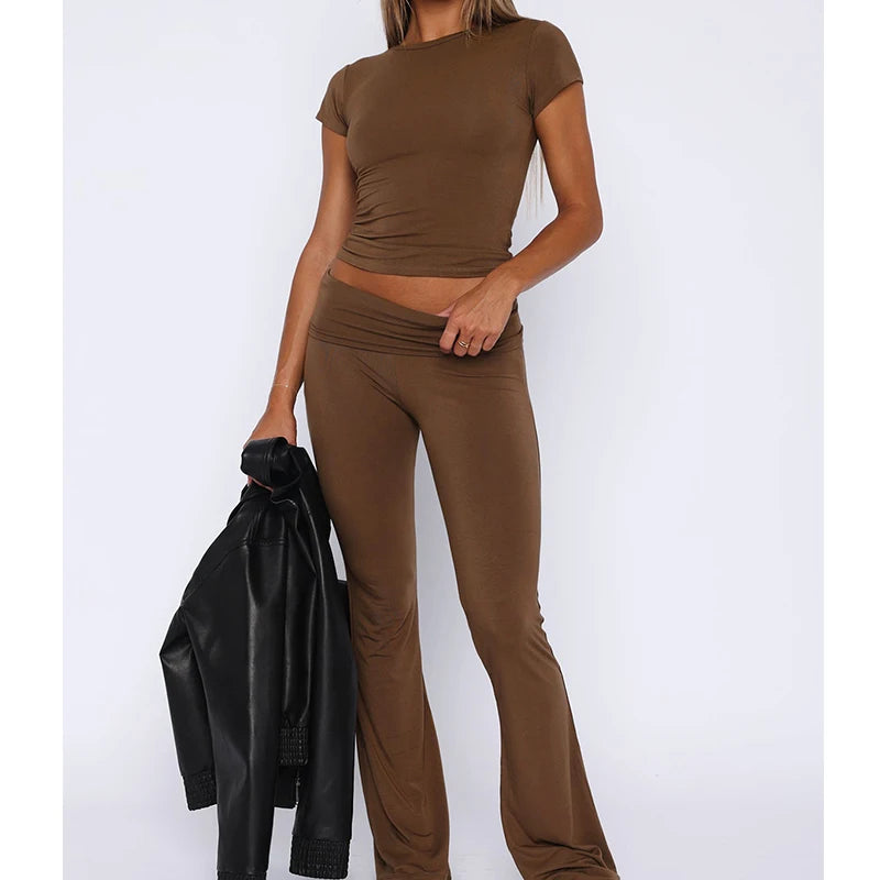 2 Piece Sets for Women Summer Sports Outfits Short Sleeve Solid Sexy Slim Crop T-Shirts Pants Leggings Y2K Clothes Streetwear