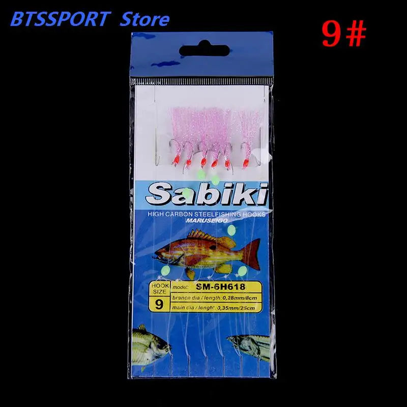 6pcs/set noctilucence Mackerel Feathers Bass Cod Sea Fishing Tackle Boat Luminous Fishing Hook Treble Fishing Lures