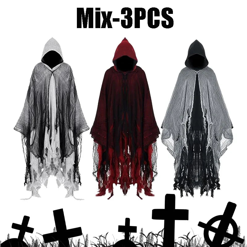 Mens Terrifying Halloween Costume Scary Hooded Cloak Horror Robe Gothic Masquerade Party Cosplay Dress Up Props Essential