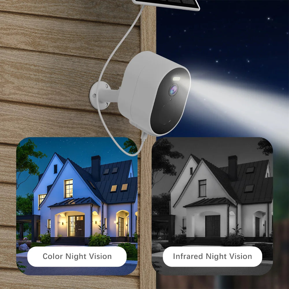 Waterproof Solar Powered WiFi Cameera Outdoor Home Security Camera Two-Way Audio PIR Motion Alarm Cloud Storage Battery Powered