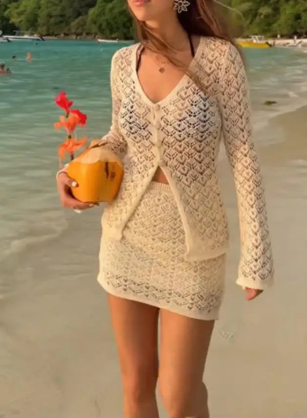 Two Piece Set Women Outfit Spring New Solid Color Plunge Long Sleeve Knit Button Top & High Waist Casual Mini Skirt Sets