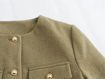 TRAF 2024 Cropped Tweed Jacket Woman Coat Button Long Sleeve Elegant Jackets For Women Short Coats Fashion New In Outerwears