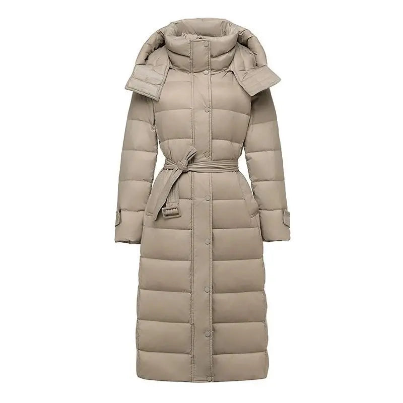 Winter New White Duck Down Down Coat Women Long Windproof Hooded Standing Neck Fashion Belt Slim Fit Coat Parkas Women