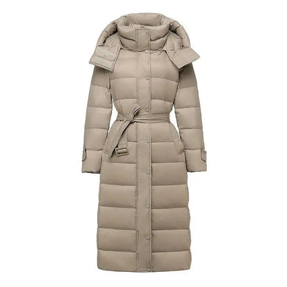 Winter New White Duck Down Down Coat Women Long Windproof Hooded Standing Neck Fashion Belt Slim Fit Coat Parkas Women