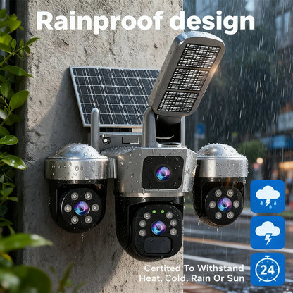 4K HD Solar WiFi Camera Outdoor Waterproof Built-in Battery Three Lens Security Camera Solar Panel Wireless Video Surveillance