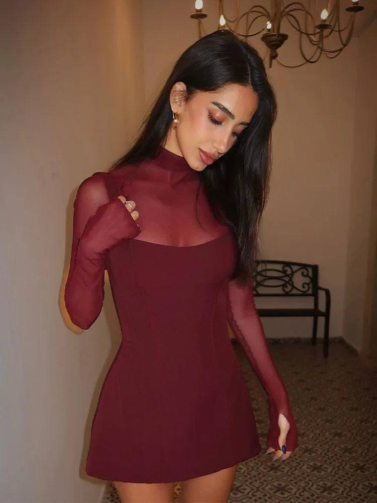 Huhugirl Mesh Patchwork Dresses For Women Fashion Sexy Streetwear Solid Full Sleeve Turtleneck Skinny Mini Vestidos Robes Female
