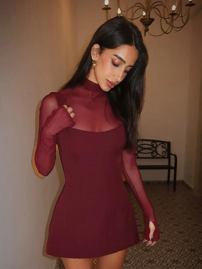 Huhugirl Mesh Patchwork Dresses For Women Fashion Sexy Streetwear Solid Full Sleeve Turtleneck Skinny Mini Vestidos Robes Female