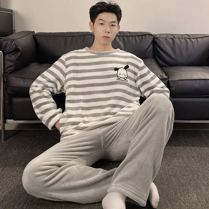 Autumn Winter Oversized Cartoon Print Pajamas for Men Letter Crew Neck New 2025 Men's Pajamas Set Fashion Soft Casual Homewear
