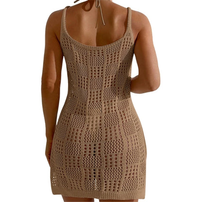 Women Sleeveless Beach Dress Crocheted Beach Cover Up Hollows Swimsuit Cover Up