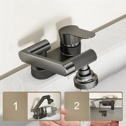 Double Hole Basin Faucets Bathroom Cold and Hot Mixing Tap 2 Modes Nozzle Faucet Sink Basin 360° Rotation Mixing Valve