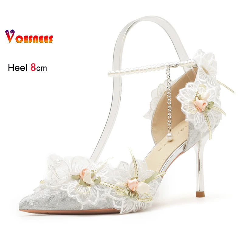Women's Pumps Elegant Lady Evening Party Dress Prom Shoes 8CM Lace Flower Pearls Single Shoes Spring Summer Pointed High Heels