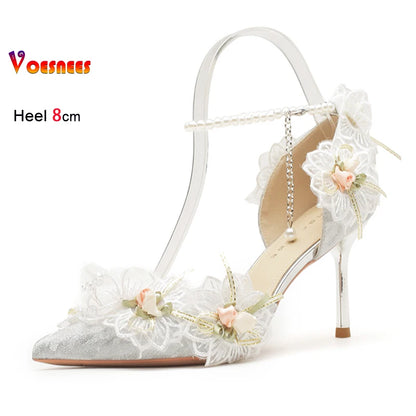 Women's Pumps Elegant Lady Evening Party Dress Prom Shoes 8CM Lace Flower Pearls Single Shoes Spring Summer Pointed High Heels