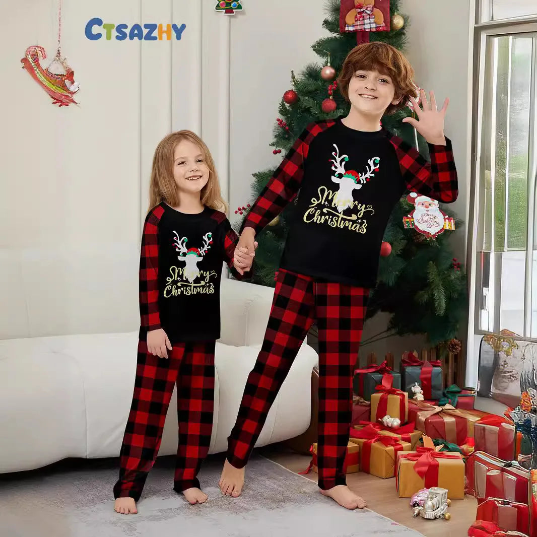 Christmas family suit, family pajamas set, round neck red and black check cute deer print long sleeve home suit