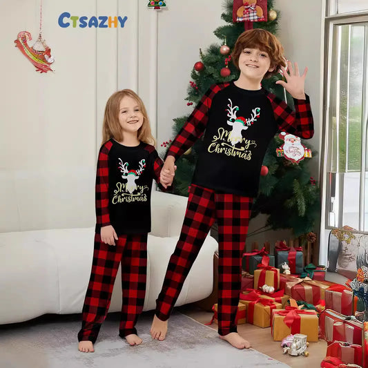 Christmas family suit, family pajamas set, round neck red and black check cute deer print long sleeve home suit