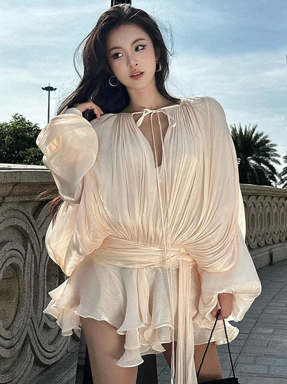 TWOTWINSTYLE Elegant Ruched Mini Dress For Women Round Neck Lantern Long Sleeve High Waist Temperament Dresses Female Fashion