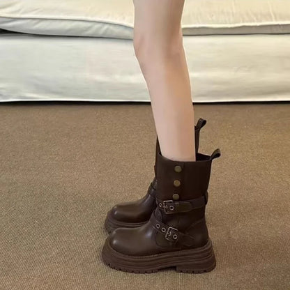 Platform Mid Calf Boots for Women 2025, Mallard Color Furry Lined Winter Shoes with Buckle, Comfortable Thick Sole Boots