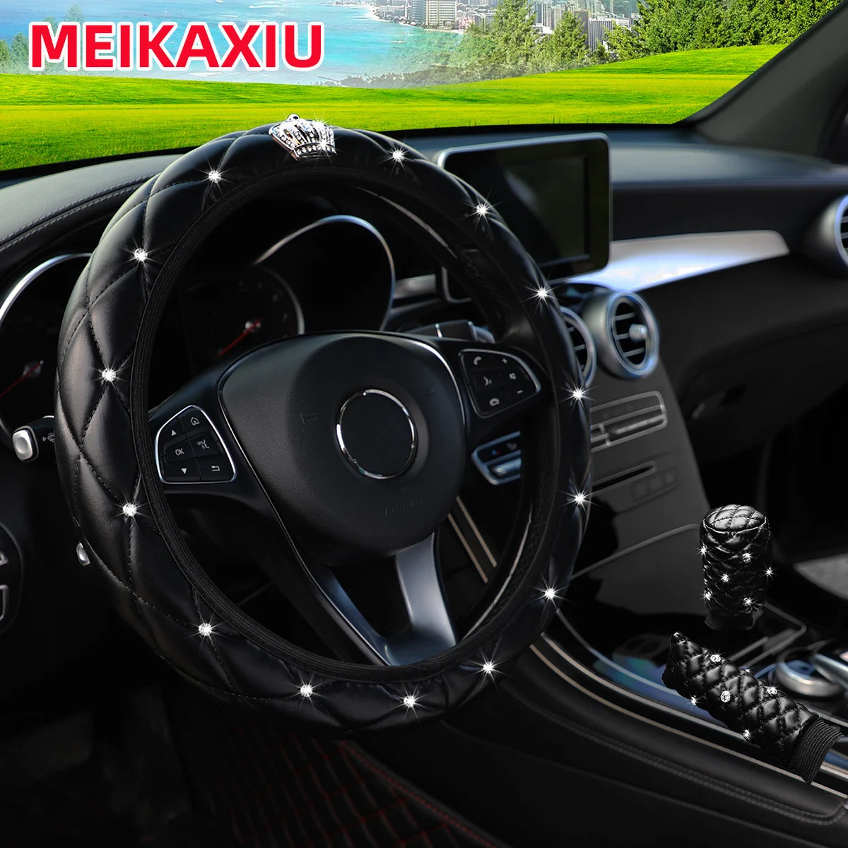 Soft leather diamond crown three-piece car without inner ring steering wheel cover handbrake handle cover