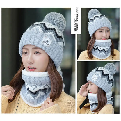2PCS Winter Women Plush Velvet Hats Neck Warmer Hat Scarf Set Beanies Cycling Windproof Hat Outdoor Ear Protection