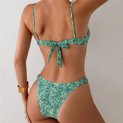 Pink Floral Print Lace-up Bikini Push Up Thong Sexy Swimsuit Women 2025 Holiday Back Knotted Swimwear Bathing Suit Bikinis Sets