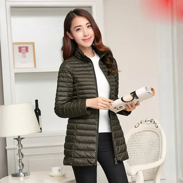 Autumn Winter Women White Duck Down Jacket Female ultra Light Slim Thin Zipper Warm Feather Long Down Coat Good Quality Parkas