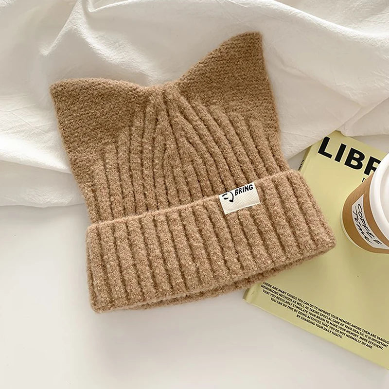 Cute Cat Ears Beanies For Women Autumn And Winter Warm Ear Protection Sweet Versatile Pullover Knitted Hats