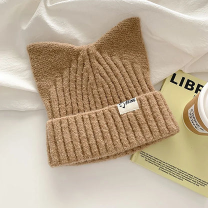 Cute Cat Ears Beanies For Women Autumn And Winter Warm Ear Protection Sweet Versatile Pullover Knitted Hats