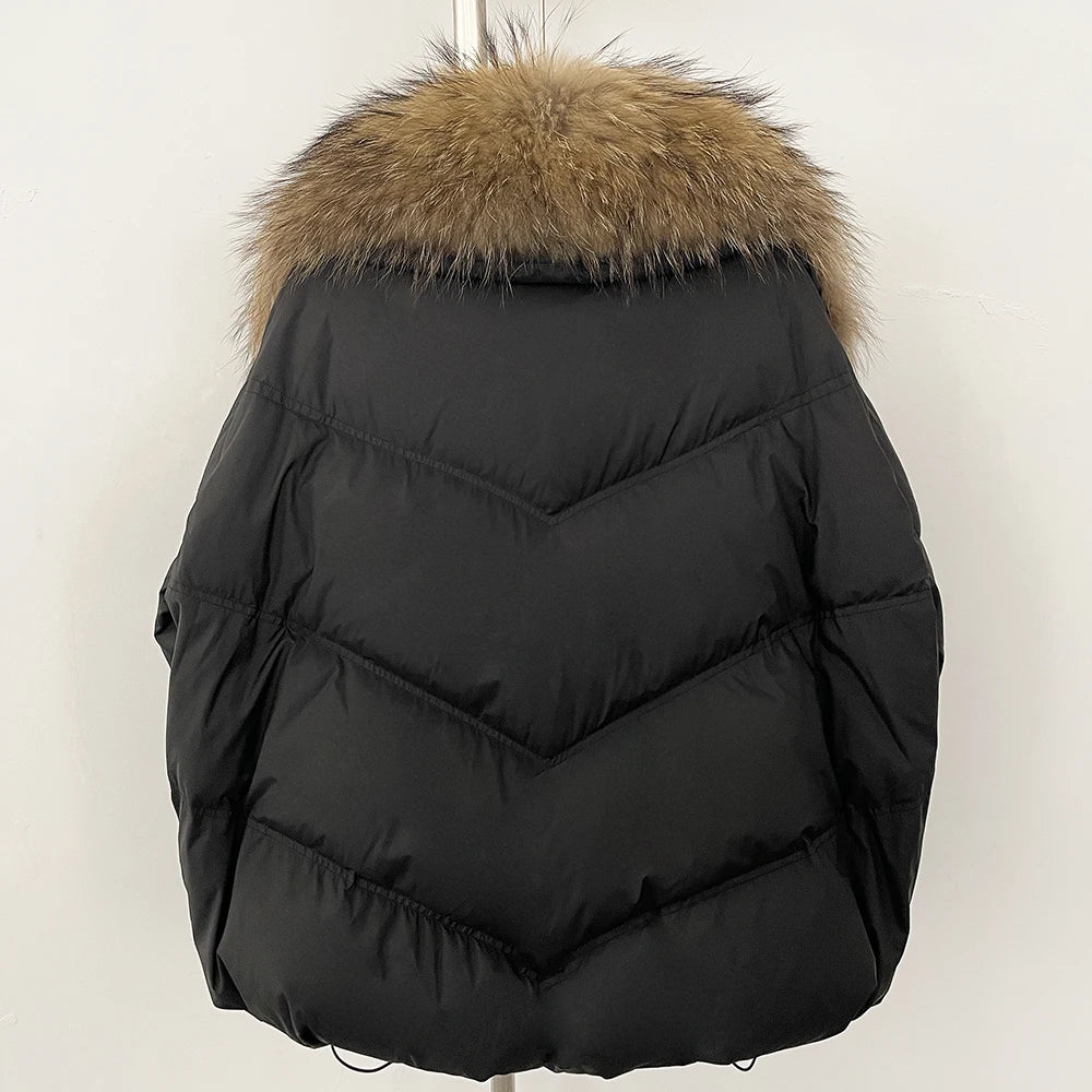 OFTBUY 2025 New Winter Large Real Raccoon Fur Puffer Coat Women Oversized Feather Down Parka Knit Sleeve White Duck Down Jacket
