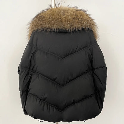 OFTBUY 2025 New Winter Large Real Raccoon Fur Puffer Coat Women Oversized Feather Down Parka Knit Sleeve White Duck Down Jacket