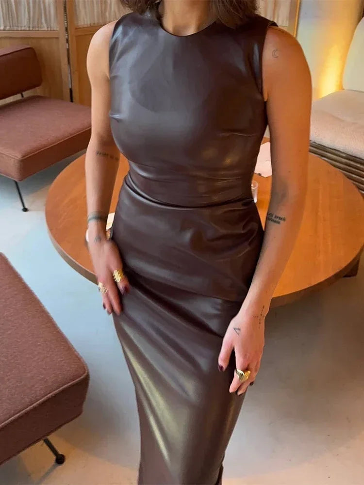 Trendix Party Elegant PU Dress Women Fashion Solid Sleeveless Pleated Short Dresses Femme Street Casual Club Mini Dress 2025 New