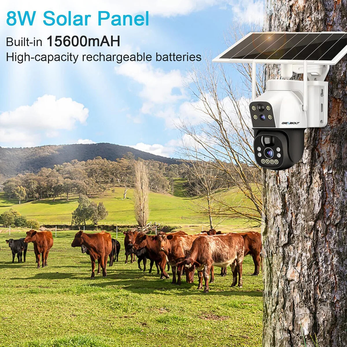 GENBOLT 4G Sim Camera Solar No WiFi Outdoor Dual Lens Spotlight Color Night Vision PIR Detection 8W 15600mAh Battery Home CCTV