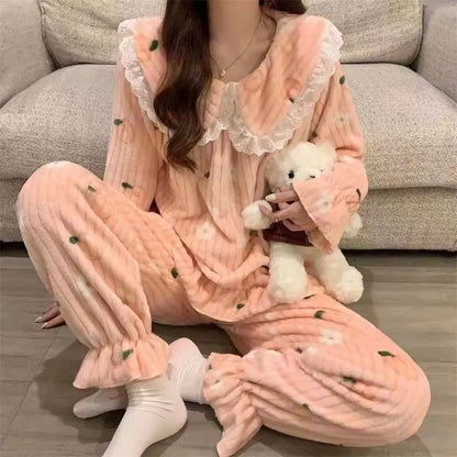 Ruffles Pajamas for Women Autumn Winter Peter Pan Collar Ruffle Sleeve Pajama Top and Elastice Waist Pants 2 Pcs Pajama Sets