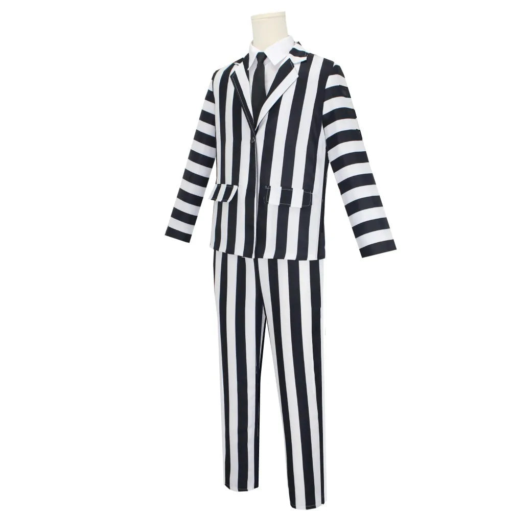 Anime Cosplay Beetle Juicee Men Black and White Striped Suit Scary Halloween Costumes Tie Shirt for Cosplay Party