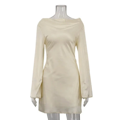 Tuularose Satin Backless Dress Women's Sexy Hollow Lace Up Long Sleeve A-Line Short Dress Elegant Swing Neck Party Evening Dress