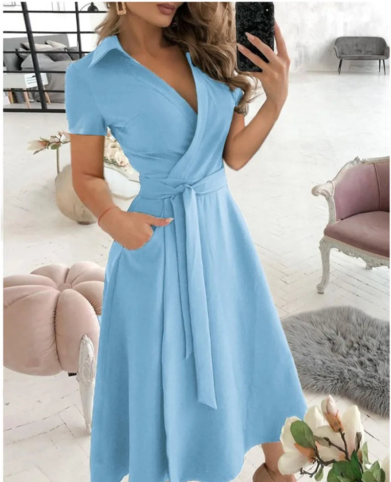 Office Lady Elegant Summer Short Sleeveless Dress Women Casual Turn-Down Collar Belt Dress Sexy V Neck Slim Solid Long PartyRobe