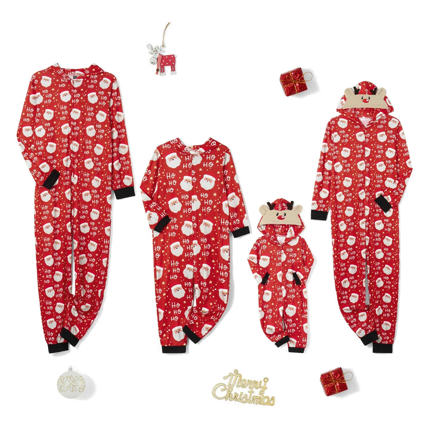 Family Matching Christmas Pajamas for Family Long Sleeve Santa Print Hooded Romper Zip Up Jumpsuits
