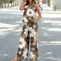 Bohemian Leaf Print Holiday Pants Set Round Neck Elegant Temperament Summer Sleeveless Top And Pants Hawaii Vacation Womenswear