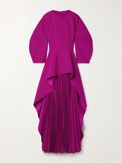 Yeezzi Elegant Solid Color Split-Joint Tiered Pleated Cocktail Dress Long Sleeves O-Neck Party Banquet Maxi Dresses 2025 New