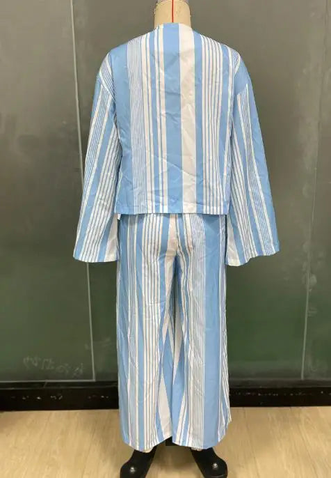 Two Piece Set Women Outfit Spring Autumn New Temperament Striped Long Sleeved Lace Up Shirt & Casual Straight Leg Pants Set
