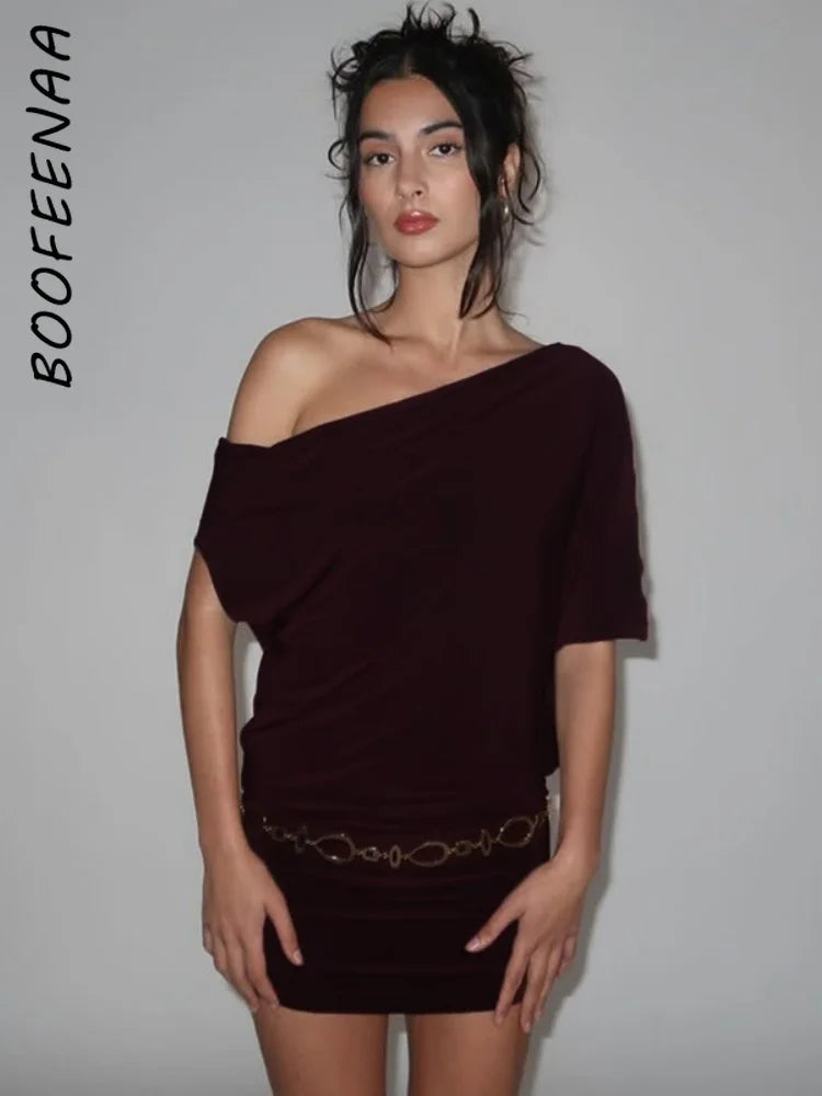 BOOFEENAA Asymmetrical Off Shoulder Mini Dresses 2025 Woman Clothes Fashion Sexy Summer Dress C77-BB20