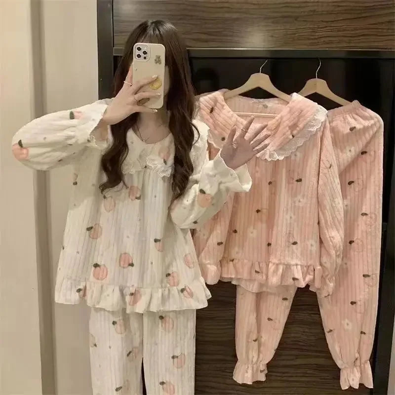 Ruffles Pajamas for Women Autumn Winter Peter Pan Collar Ruffle Sleeve Pajama Top and Elastice Waist Pants 2 Pcs Pajama Sets