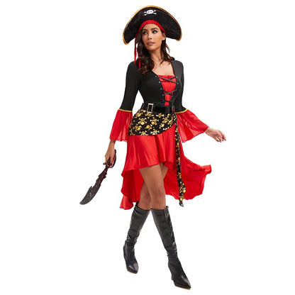 S-3XL Black Red Dress With Belt Pirate Hat Role Playing Cosplay Costume Halloween Women Sexy Underwear With Long Sleeves