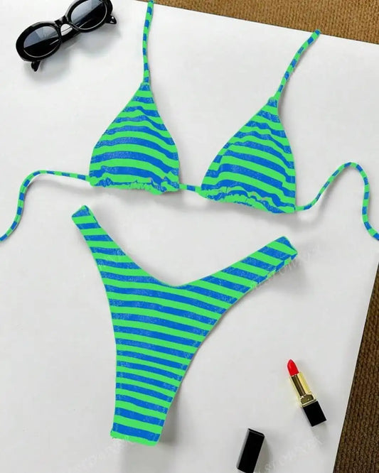 Y2K Sexy Hot Girls Striped Printed Triangle Lingerie Underwear 2025 New Beach Vacation Fashion Personality ins Style Bikini Suit