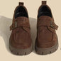 2025 Women's Suede Loafers Round Toe Chunky Sole Buckle Decor Slip-On Casual Shoes Anti-Slip Retro Brown Flats