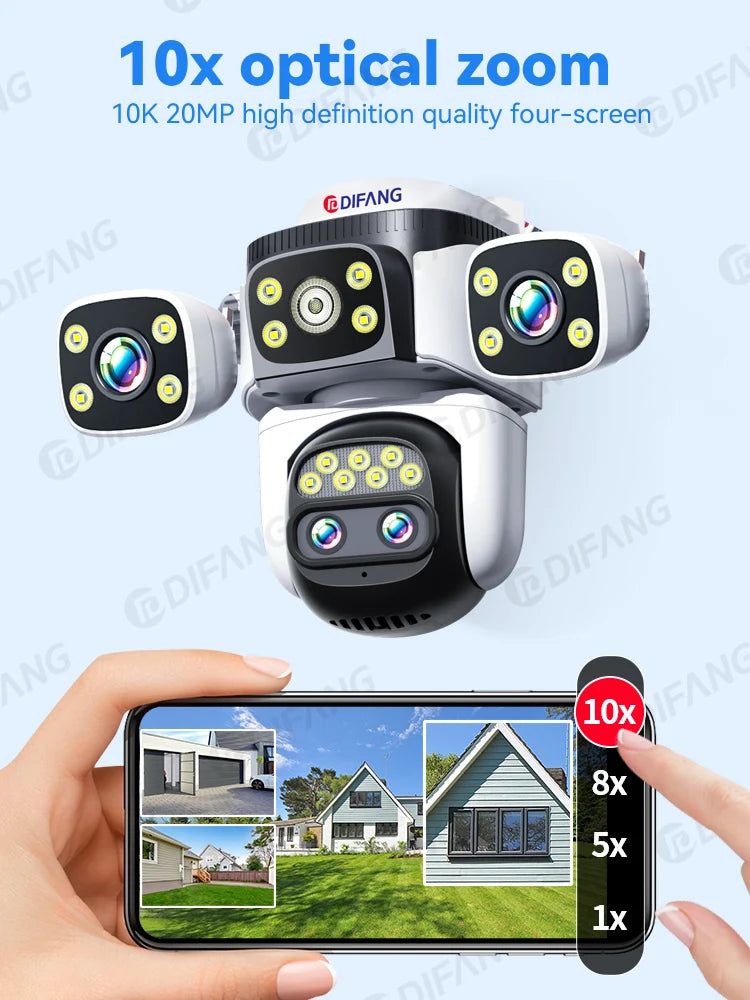 Outdoor 10K WiFi6 Camera 20MP 10X Optics Zoom Three Screen Four Len PTZ Automatic Tracking 6K Dual Lens Waterproof Security CCTV