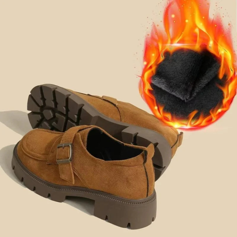 2025 Women's Suede Loafers Round Toe Chunky Sole Buckle Decor Slip-On Casual Shoes Anti-Slip Retro Brown Flats