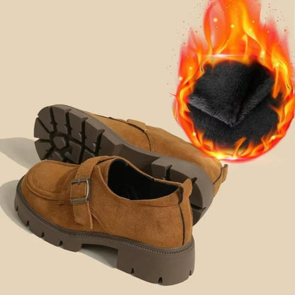 2025 Women's Suede Loafers Round Toe Chunky Sole Buckle Decor Slip-On Casual Shoes Anti-Slip Retro Brown Flats