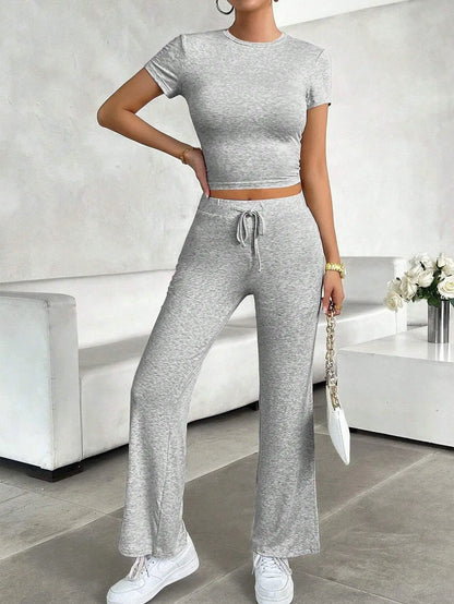 Summer Comfortable Casual Women's Home Sports Set 2025 New Fashionable Solid Color Slim Body Clothes + Trousers Two-piece Set