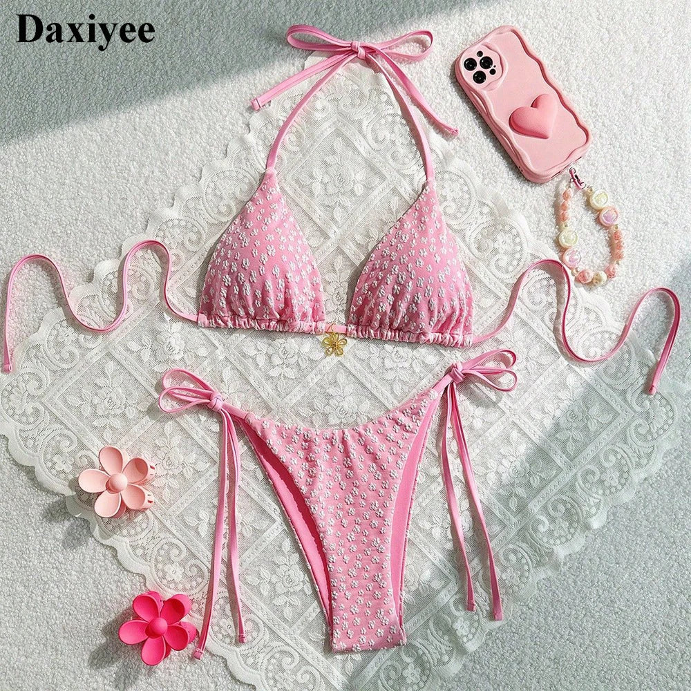 Pink Floral Print Two Piece Bikini Set 2025 Swimsuit for Women Halter Push Up Backless Beach Swimwear Micro Thong Bathing Suit