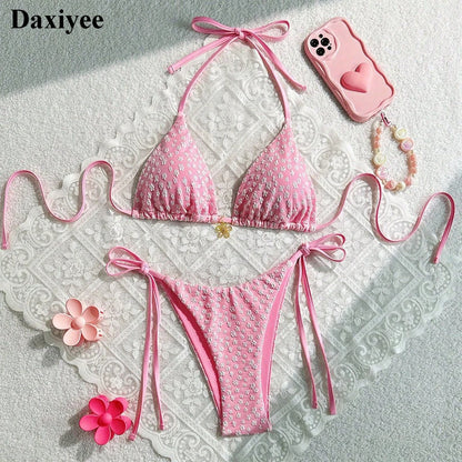 Pink Floral Print Two Piece Bikini Set 2025 Swimsuit for Women Halter Push Up Backless Beach Swimwear Micro Thong Bathing Suit